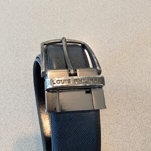 Louis Philippe Dark Blue Leather Belt with Silver Buckle